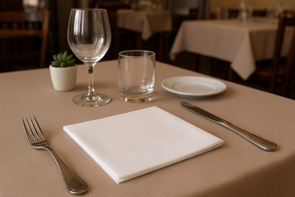 Tovaglioli in tessuto non tessuto su tavolo apparecchiato per ristorante Tovaglioli in tessuto non tessuto su tavolo apparecchiato per ristorante