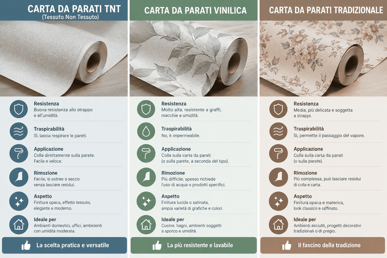 Confronto tra carta da parati TNT, vinilica e tradizionale a confronto